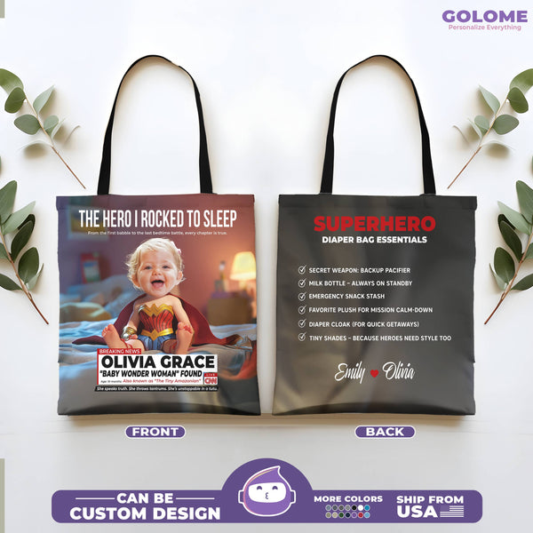 Personalized Superhero Baby Tote Bag – Wonder Woman Design with Custom Photo & Name